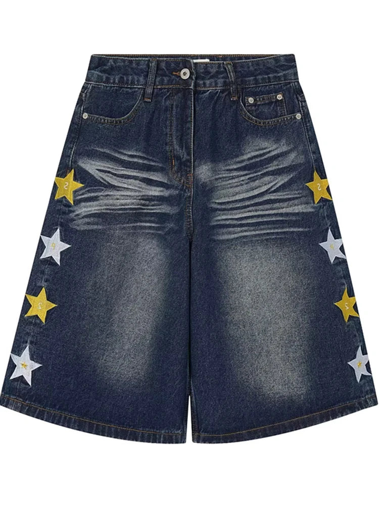 Men’s Star Graphic Baggy Jorts – Wide-Leg Denim Shorts | Y2K Vintage High-Street Streetwear