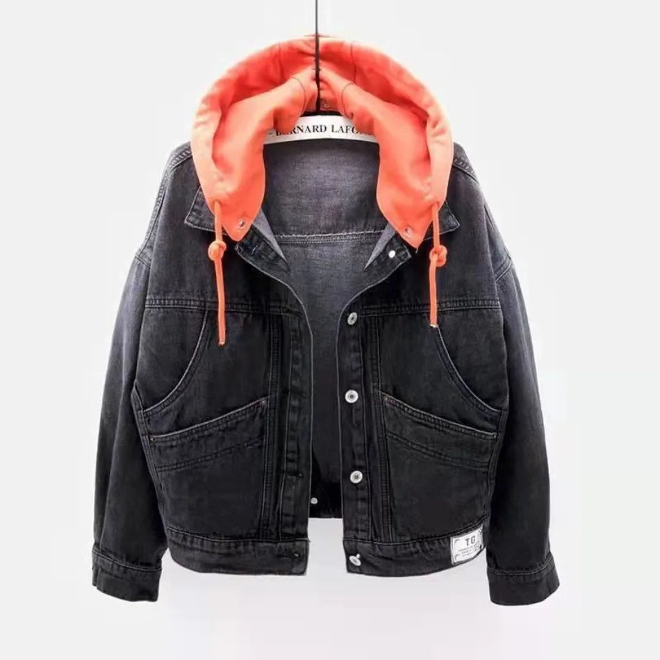 Women’s Hooded Denim Jacket – Retro Loose-Fit Short Coat for Spring & Autumn