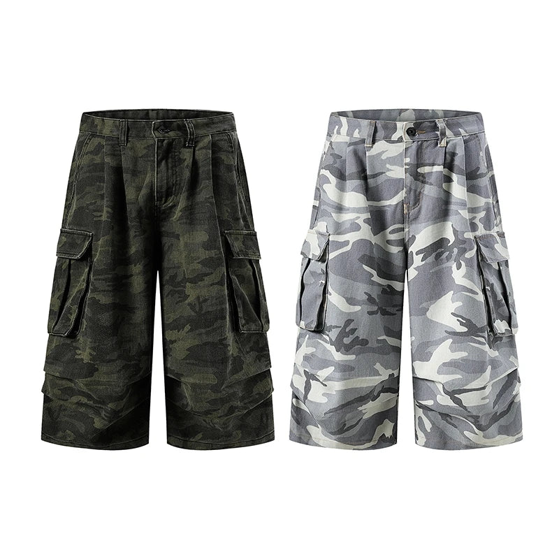 IEFB Men’s Camo Cargo Shorts – Washed Grey Baggy Denim Knee-Length Shorts | Streetwear