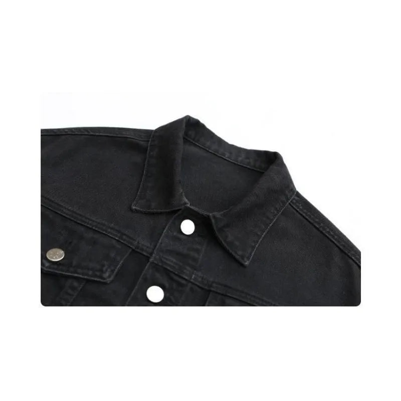 Men’s Vintage Black Denim Jacket – Loose Fit Long Sleeve Spring Streetwear Coat