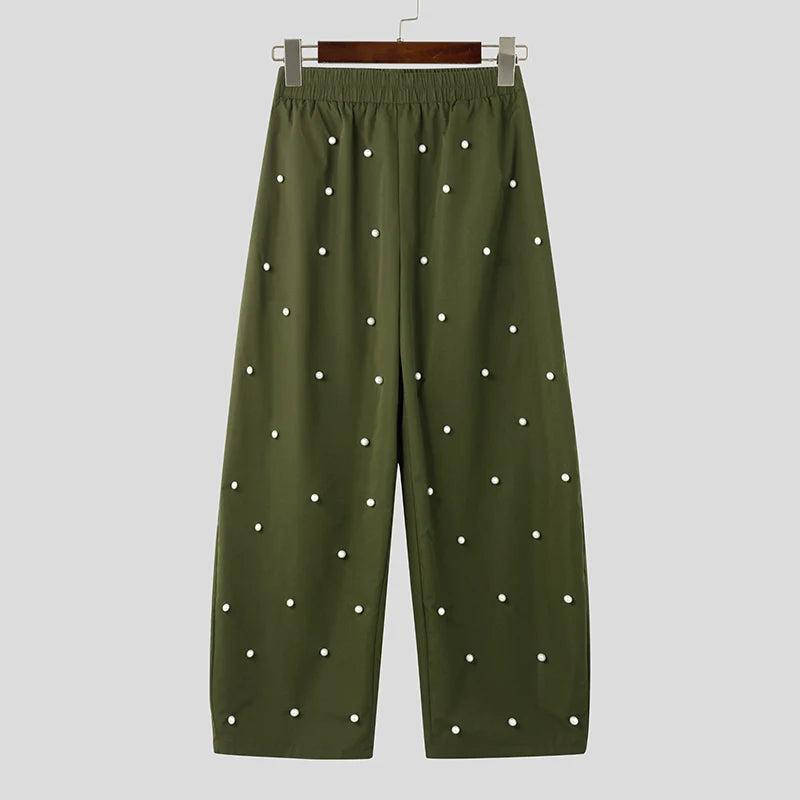 INCERUN Men’s Pearl Detail Straight-Leg Trousers – Korean Style Solid Pants | Party & Streetwear
