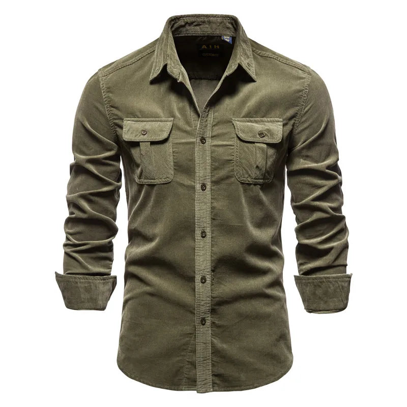 Men’s 100% Cotton Corduroy Shirt – Slim Fit Single-Breasted Casual Shirt