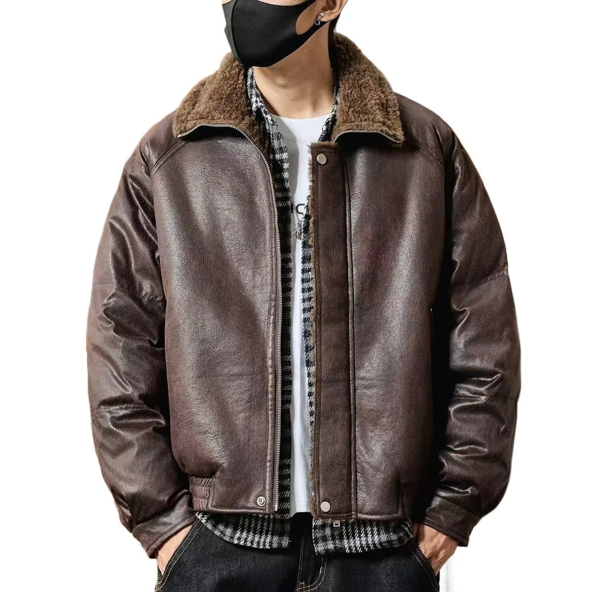 Men’s Faux Fur-Lined Leather Jacket – Warm Motorcycle-Inspired Coat | Vintage Loose-Fit Winter Streetwear Outerwearja