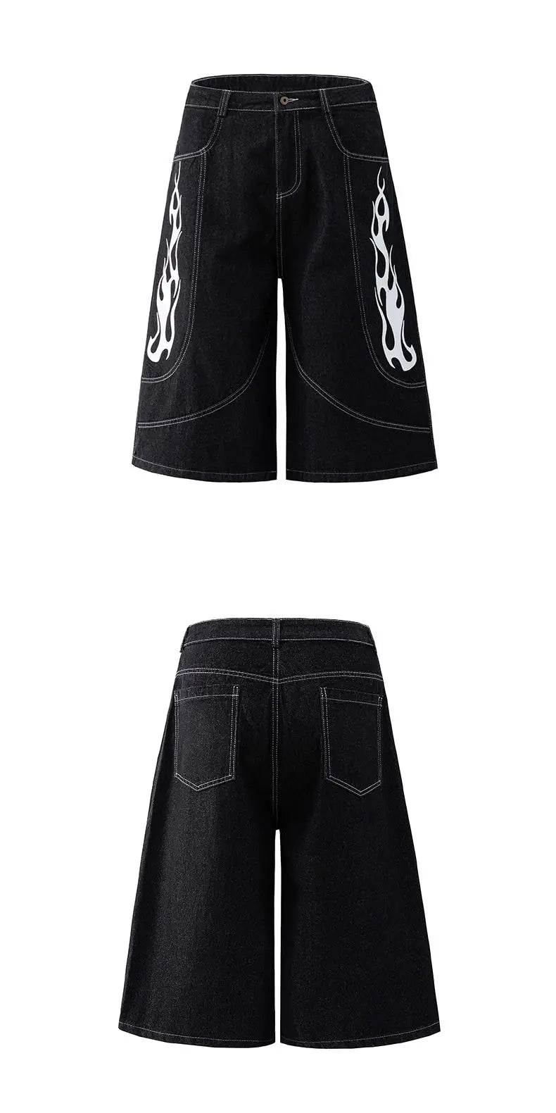 BTNY Men’s Flame Print Jorts – American Retro Wide-Leg Loose-Fit Denim Shorts, Cropped Summer Streetwear