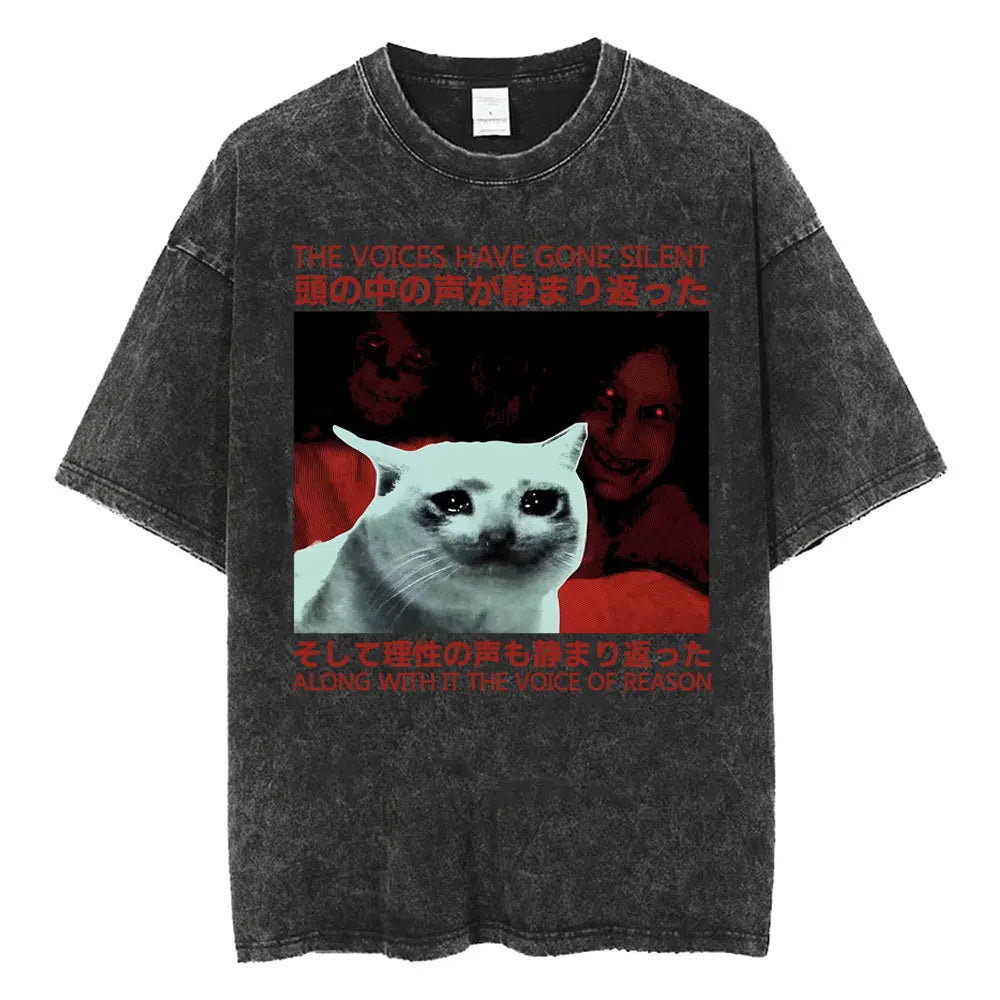 Unisex Funny Cat Graphic T-Shirt – Vintage Japanese-Style Washed Tee | Oversized Casual Streetwear