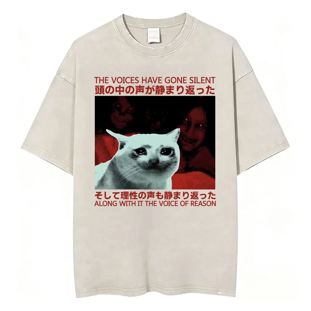 Unisex Funny Cat Graphic T-Shirt – Vintage Japanese-Style Washed Tee | Oversized Casual Streetwear