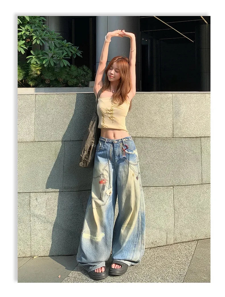 Mary's American Retro 3D Printed Chain Design Loose Wide Leg Denim Jeans