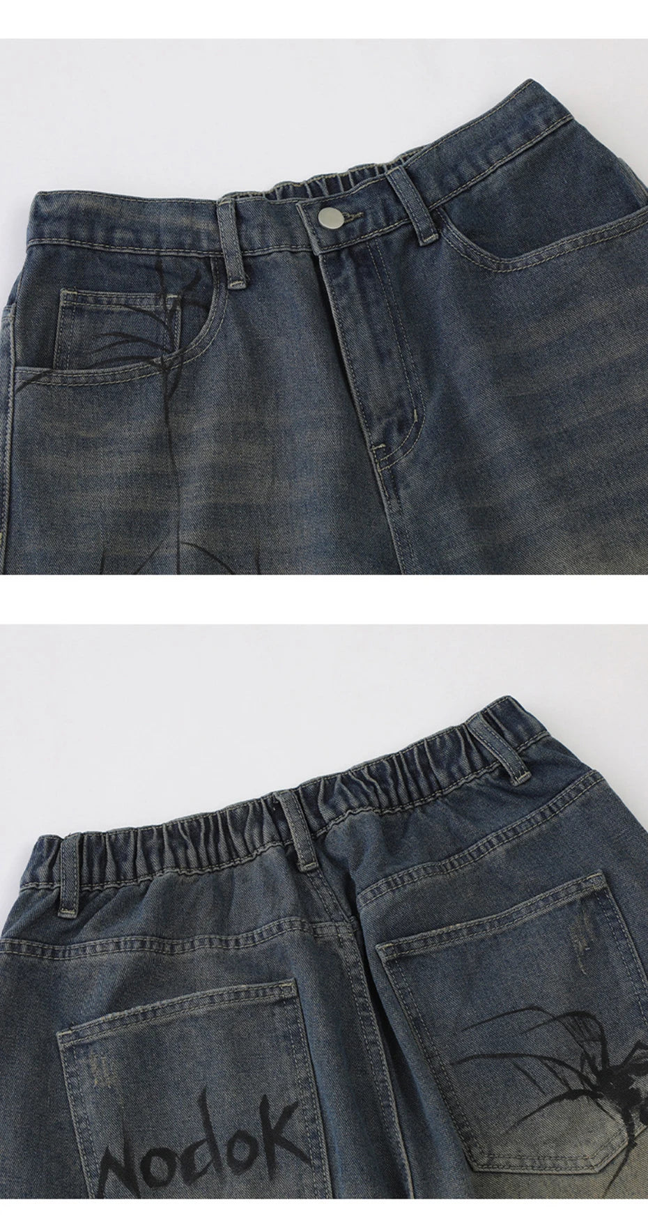 Men’s Y2K Denim Shorts – Blue Spider Cobweb Print, Loose Fit Harajuku Hip Hop Streetwear Summer Shorts