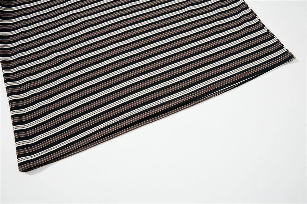Men’s Striped Faux Two-Piece T-Shirt – Loose Fit Long Sleeve American Streetwear Top