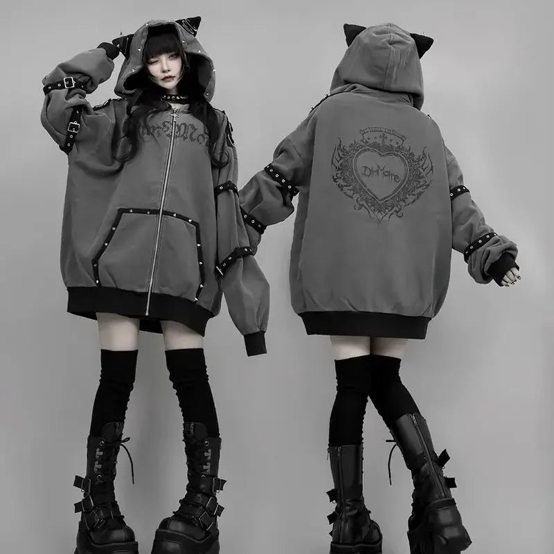 Y2k Harajuku Hoodies Punk Zipper Coat Japanese Rivet Print Fashion Casual