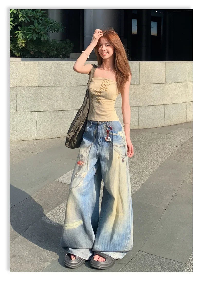 Mary's American Retro 3D Printed Chain Design Loose Wide Leg Denim Jeans
