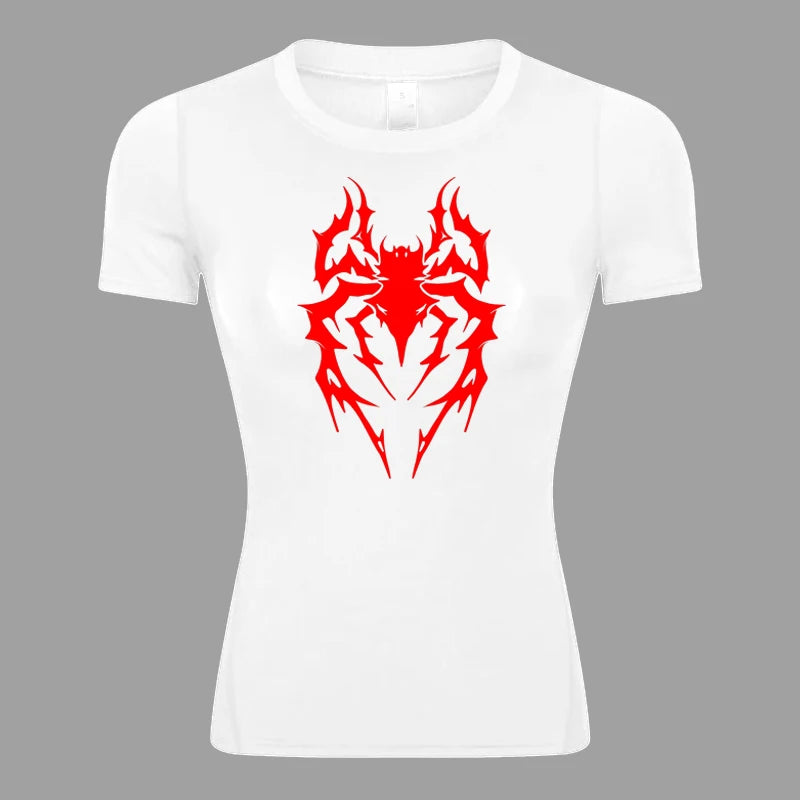 Women’s Spider Print Compression Shirt – Short Sleeve Athletic Top for Running, Gym & Yoga