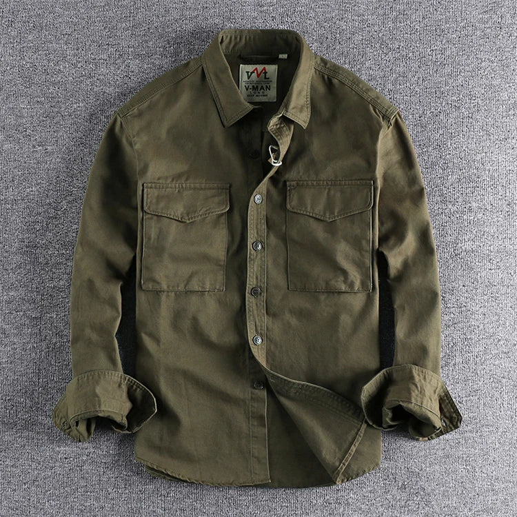 Men’s Retro Khaki Work Shirt Jacket – Solid Color Loose Fit with 3D Utility Pockets | Stylish Casual Autumn Overshirt