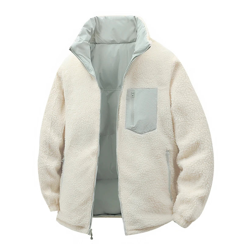 Men’s Double-Sided Lambskin Winter Jacket – Thick Cotton-Padded Warm Outdoor Coat, Reversible Cold-Weather Jacket