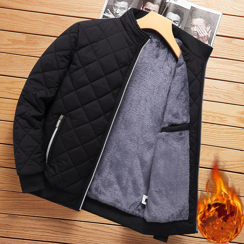 Men’s Winter Bomber Jacket – Diamond Pattern Fleece-Lined Casual Coat