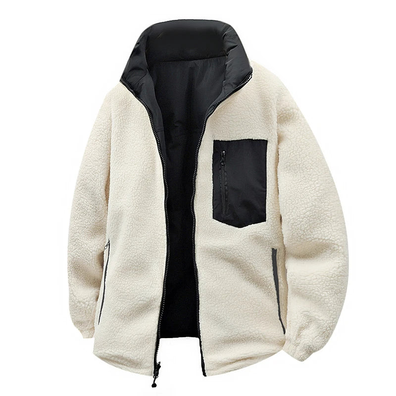 Men’s Double-Sided Lambskin Winter Jacket – Thick Cotton-Padded Warm Outdoor Coat, Reversible Cold-Weather Jacket