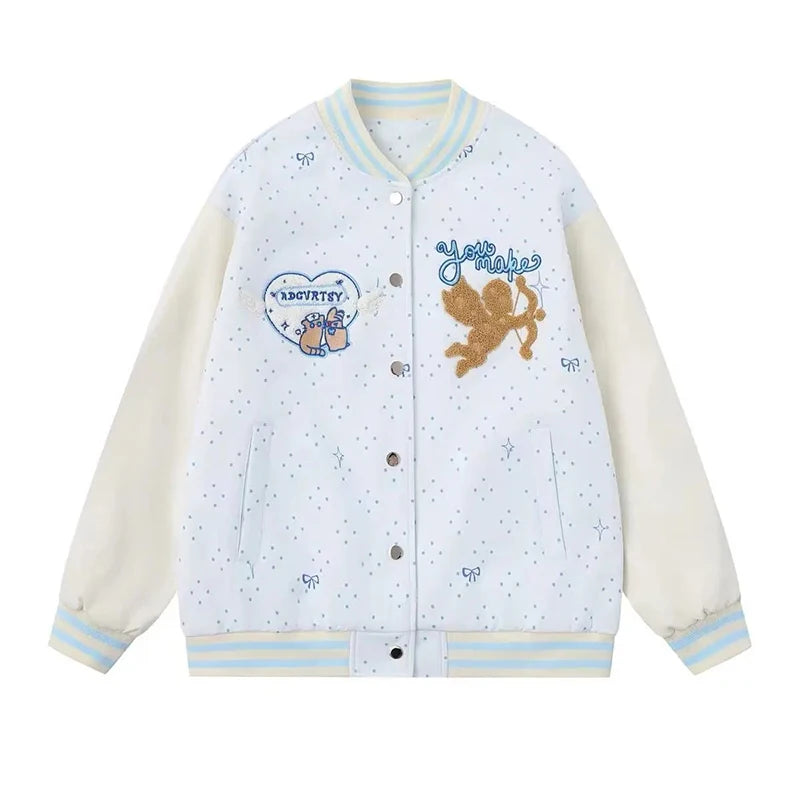 Embroidered Wings White Baseball Jacket Women Loose Lazy Casual Sweet Coat Long Sleeve Fall Winter Polka Dot Korean Outwear