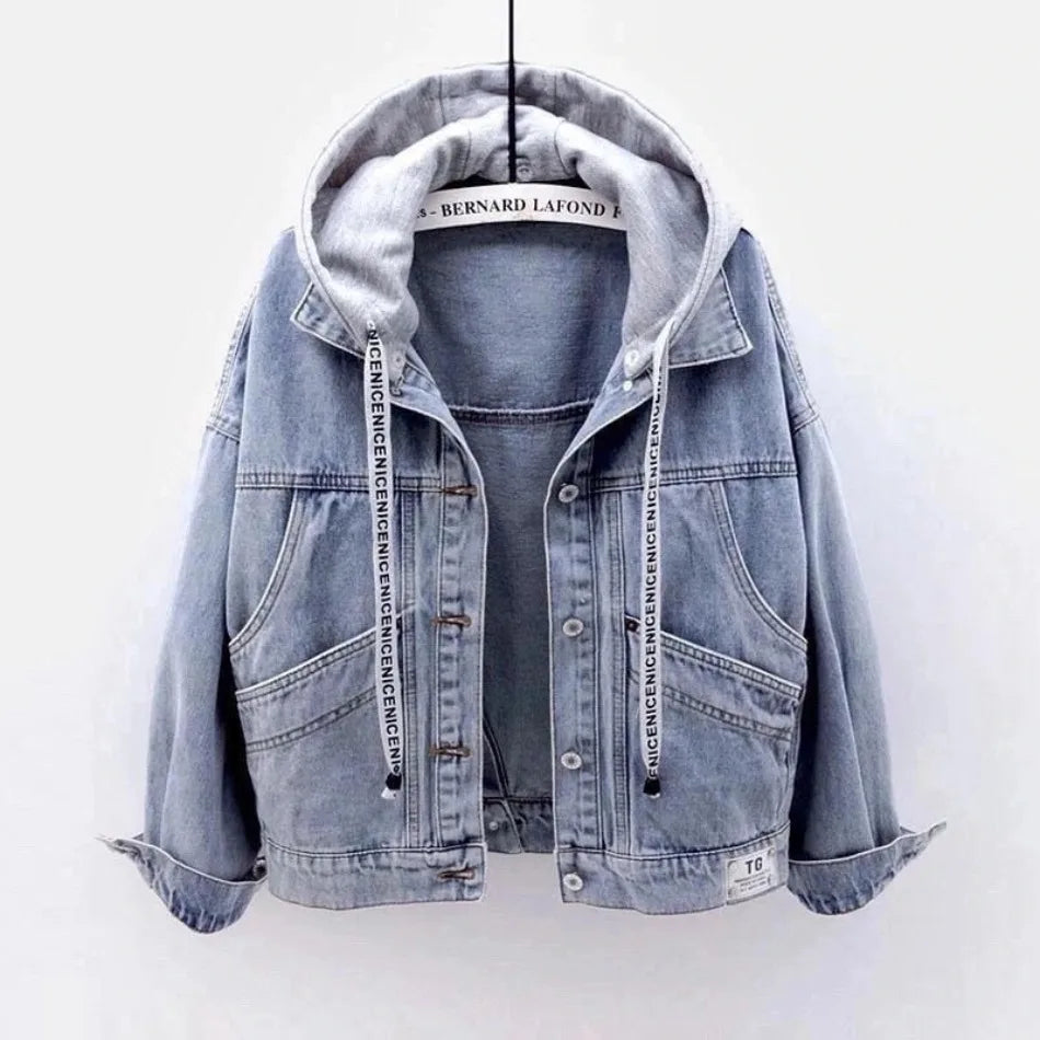 Women’s Hooded Denim Jacket – Retro Loose-Fit Short Coat for Spring & Autumn