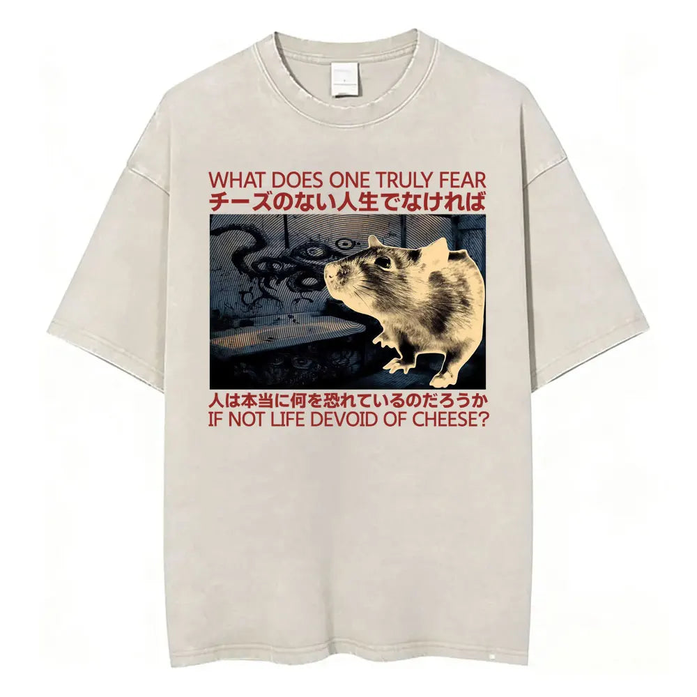 Unisex Funny Cat Graphic T-Shirt – Vintage Japanese-Style Washed Tee | Oversized Casual Streetwear