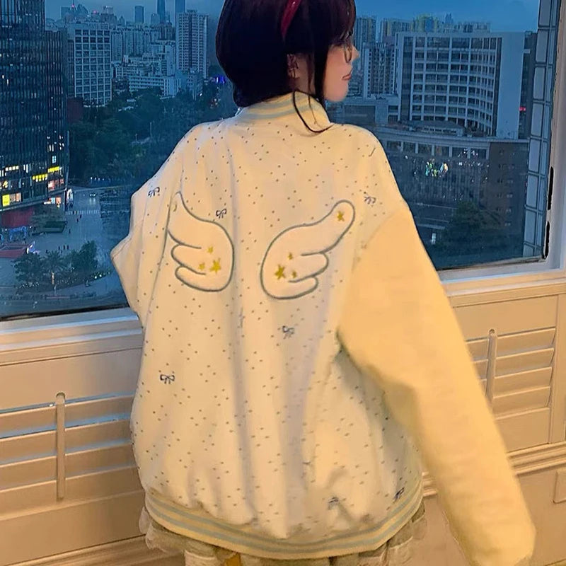 Embroidered Wings White Baseball Jacket Women Loose Lazy Casual Sweet Coat Long Sleeve Fall Winter Polka Dot Korean Outwear