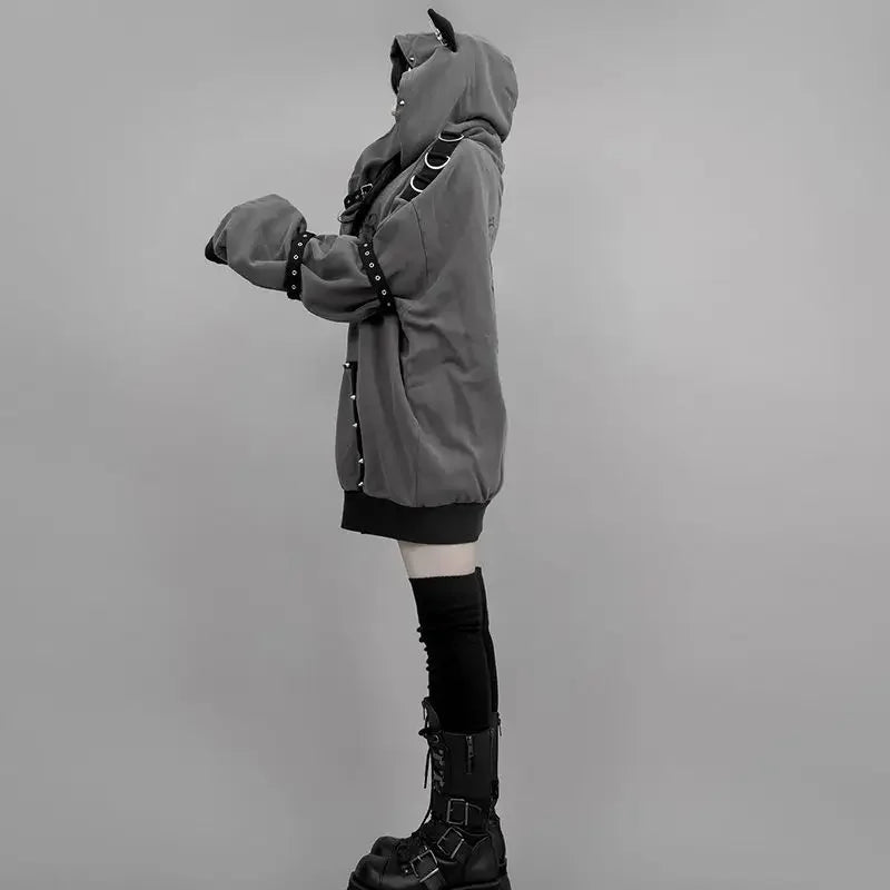 Y2k Harajuku Hoodies Punk Zipper Coat Japanese Rivet Print Fashion Casual
