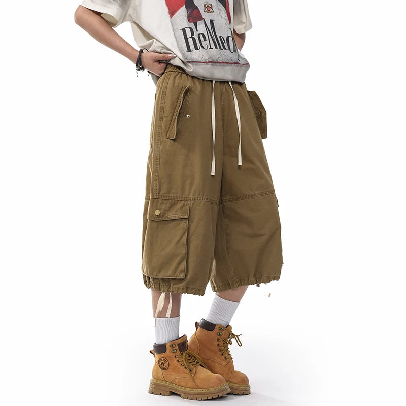 Unisex Wide-Leg Cargo Pants – Washed Cotton Baggy Calf-Length Streetwear Trousers