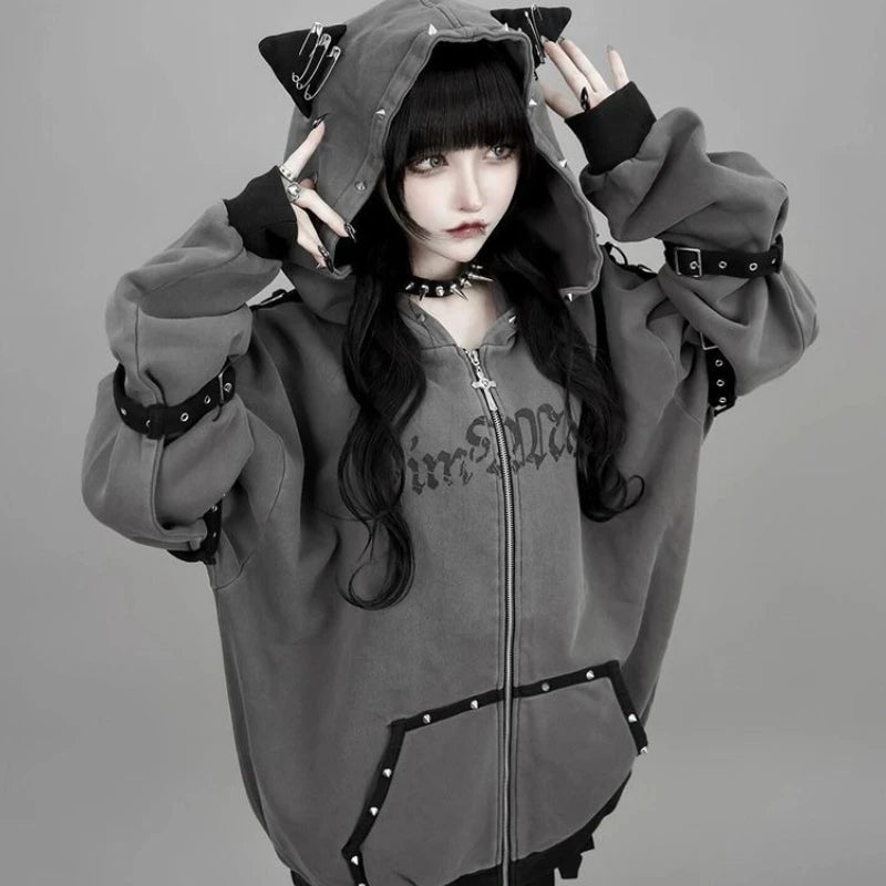 Y2k Harajuku Hoodies Punk Zipper Coat Japanese Rivet Print Fashion Casual