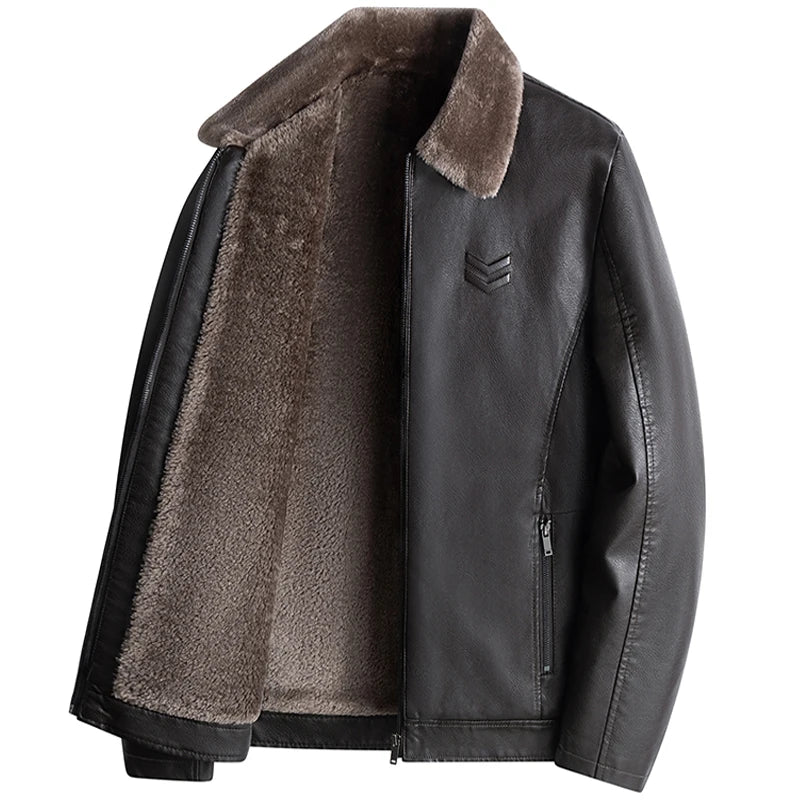 Men’s Fleece-Lined Leather Jacket – Autumn & Winter Business Casual Coat