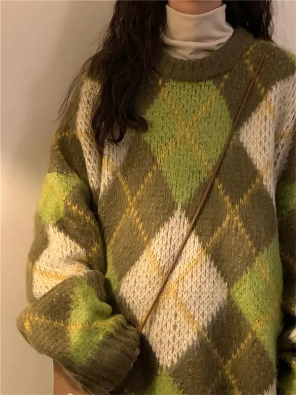 Women's Retro Argyle Pullover Sweater – Harajuku BF Style Oversized Knit