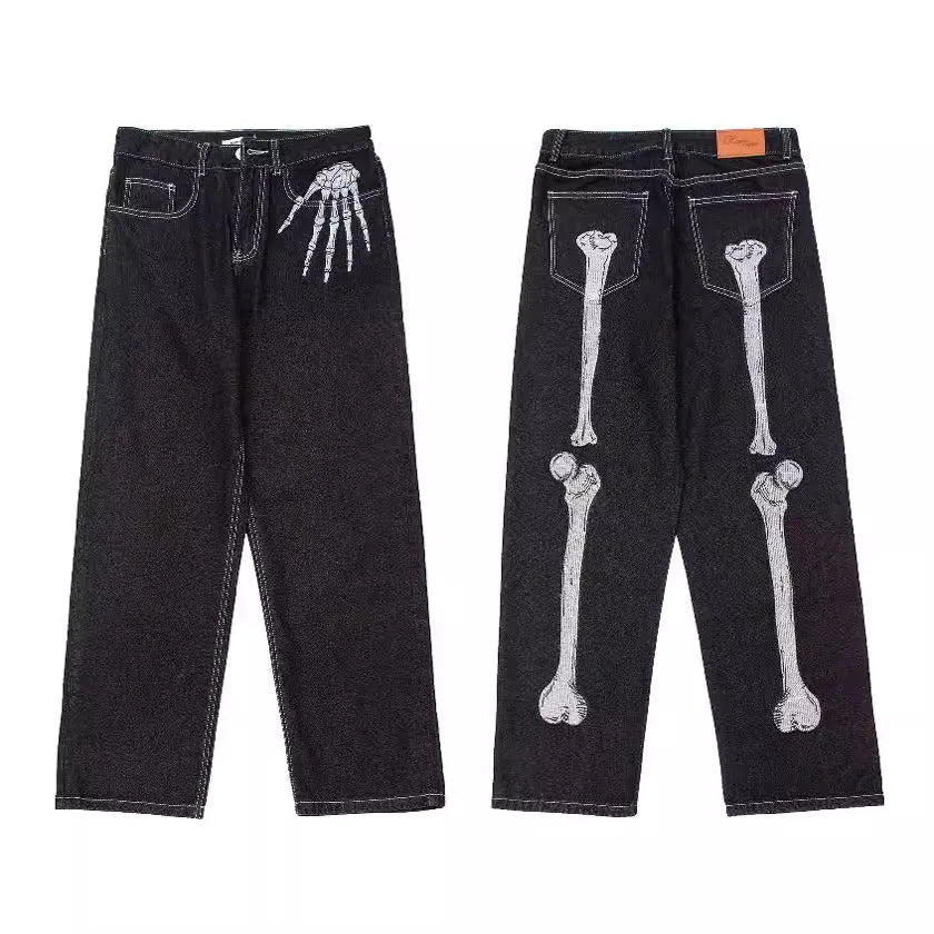 Men’s Skeleton Print Baggy Jeans – Gothic Punk Wide-Leg Denim Pants | Dark Hip-Hop Streetwear