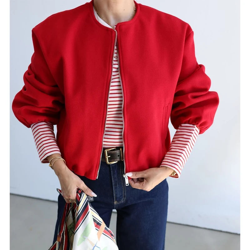 MUJER Women’s Red Cropped Bomber Jacket – Soft Zip-Up Sports Coat