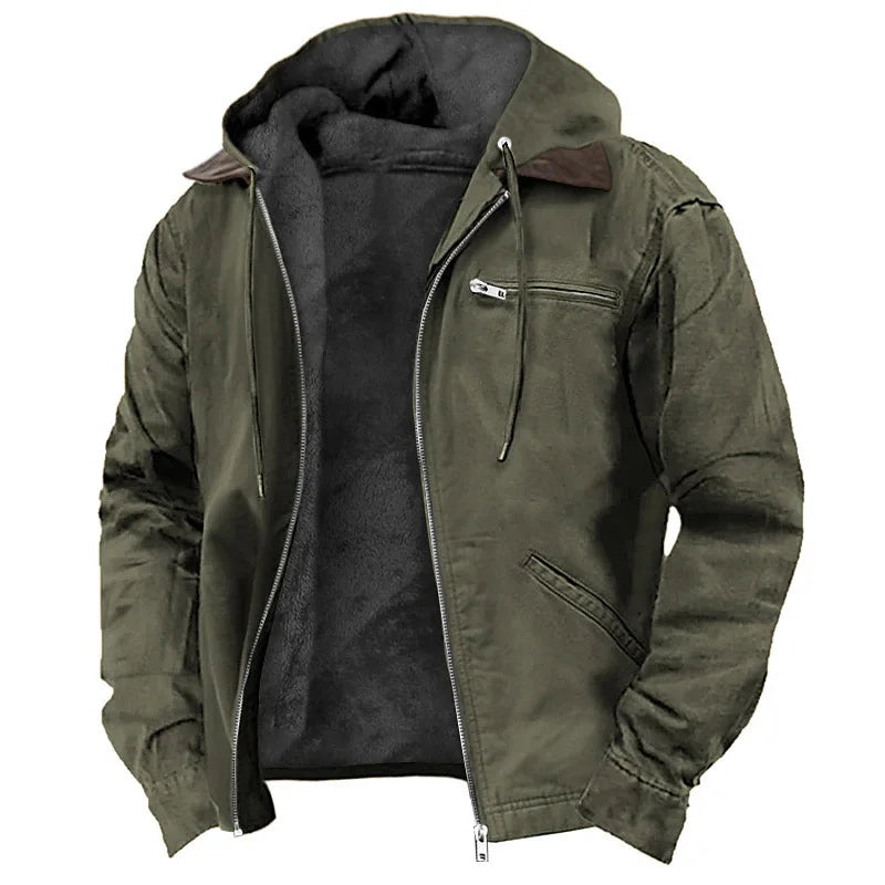 Men’s Fleece-Lined Hooded Jacket – Warm Winter Casual Zipper Coat with Multi Pockets