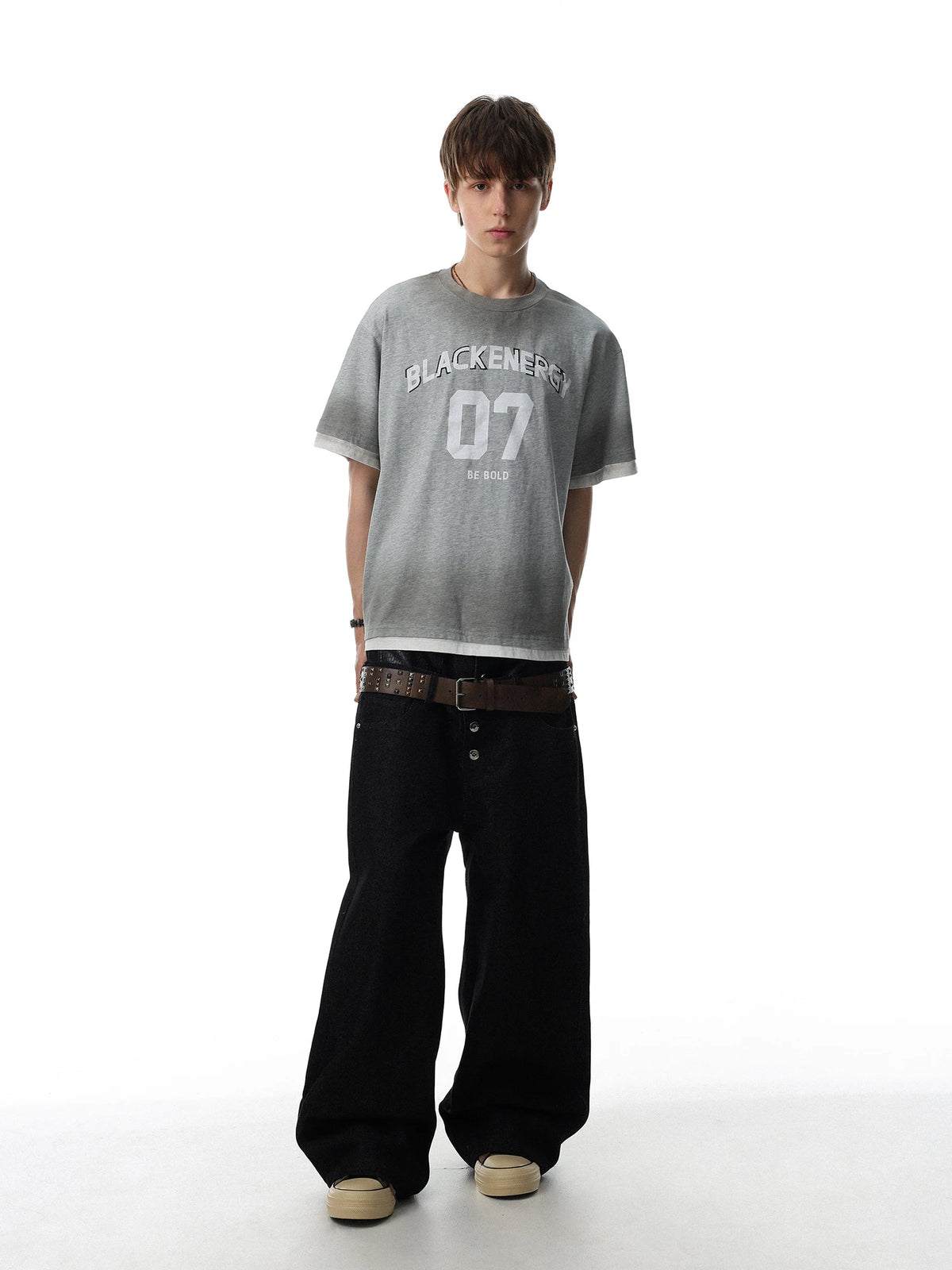 Men’s Retro Letter Print T-Shirt – Loose Fit Cotton Short Sleeve Fake Two-Piece Casual Tee
