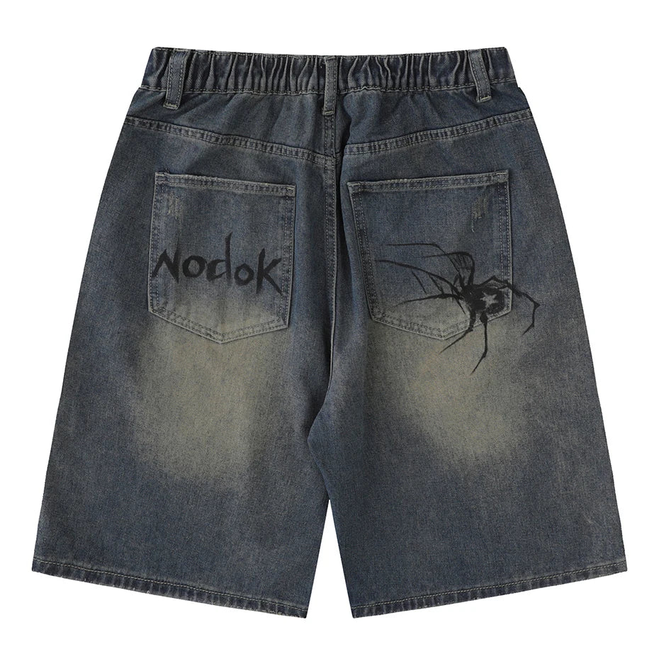 Men’s Y2K Denim Shorts – Blue Spider Cobweb Print, Loose Fit Harajuku Hip Hop Streetwear Summer Shorts