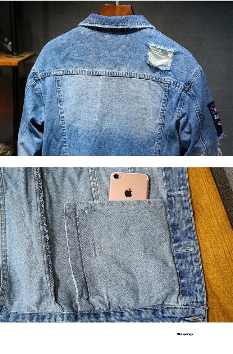 Men Brand Denim Jacket Streetwear Punk Motorcycle Ripped Male Jeans Outwear