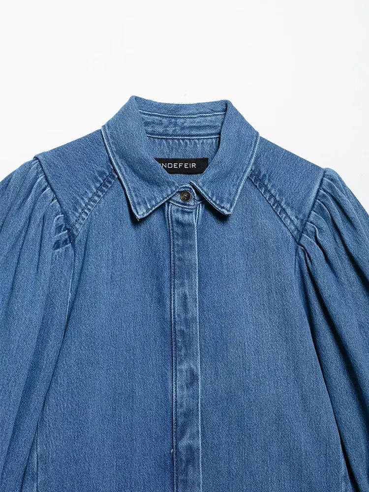 Women’s Casual Denim Blouse – Loose Fit Collar Shirt