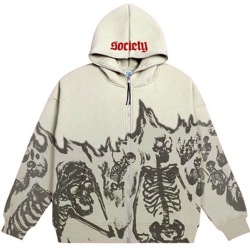 Unisex Y2K Skeleton Hoodie Jacket – Vintage Skull Print Zip-Up Sweatshirt, High Street Autumn & Winter Streetwear