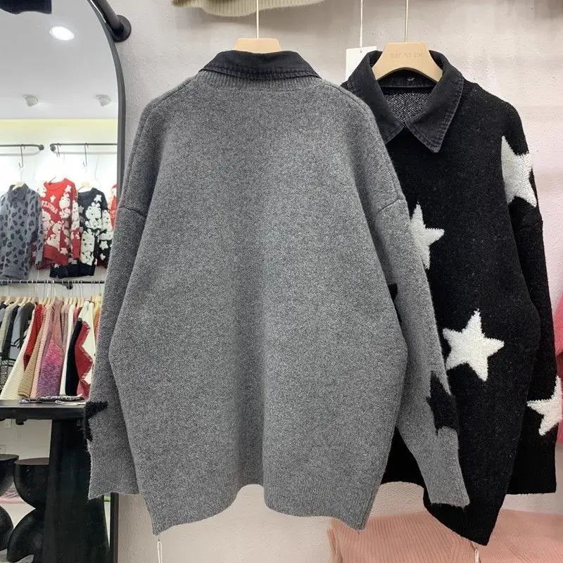 Women’s Star Embroidered Knit Sweater – Loose Fit Long Sleeve Casual Pullover, Comfortable Spring & Autumn Outerwear
