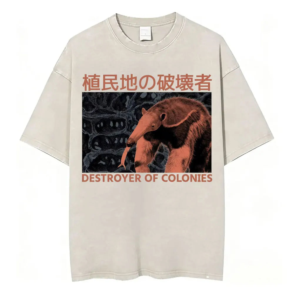 Unisex Funny Cat Graphic T-Shirt – Vintage Japanese-Style Washed Tee | Oversized Casual Streetwear