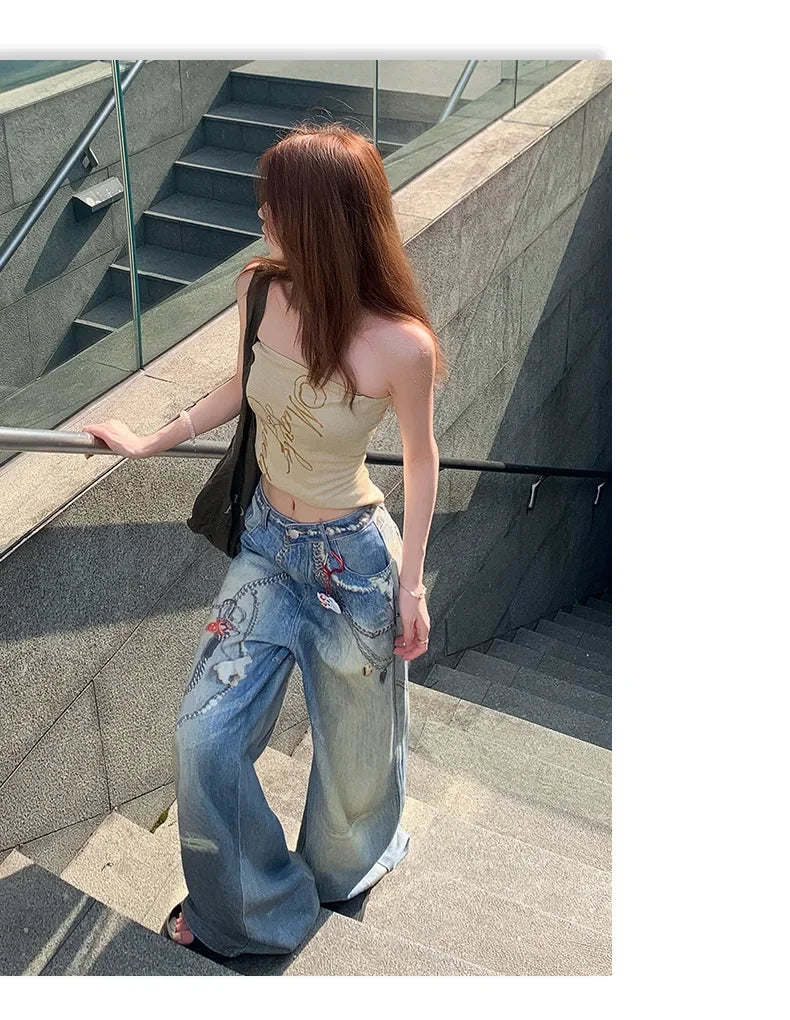 Mary's American Retro 3D Printed Chain Design Loose Wide Leg Denim Jeans