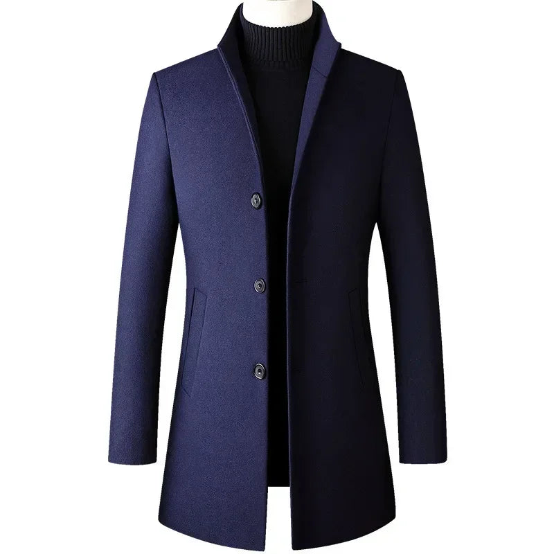 TFETTERS Men’s Long Trench Coat – Korean-Inspired Stand Collar Business Casual Windbreaker, Autumn & Winter Jacket