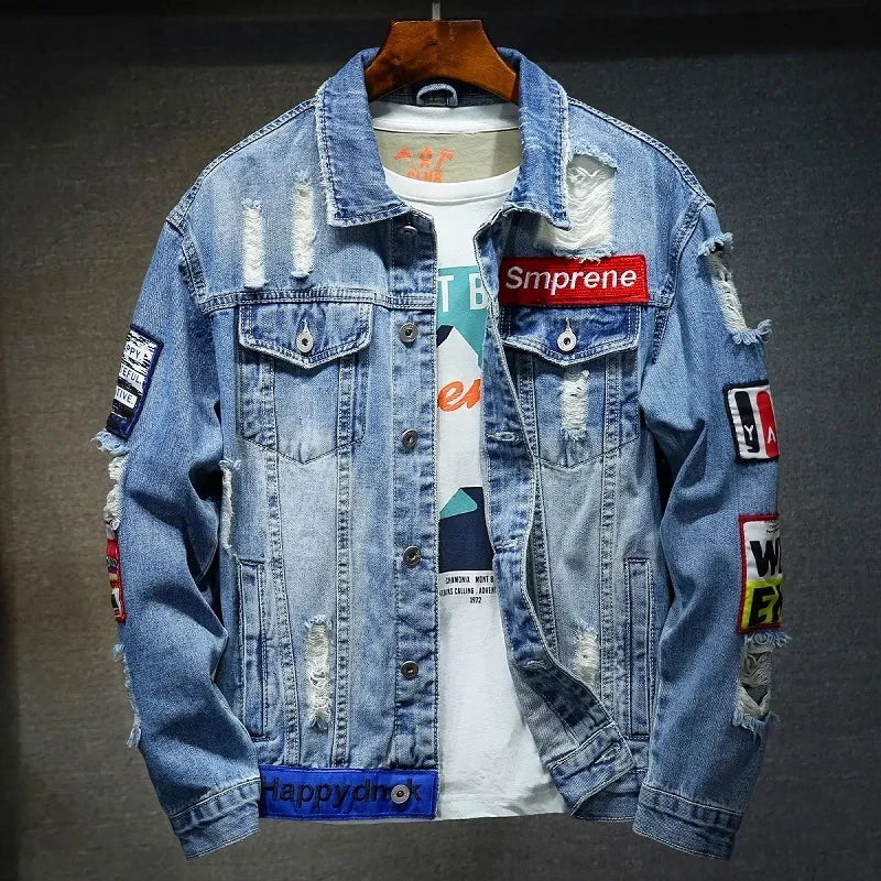 Men Brand Denim Jacket Streetwear Punk Motorcycle Ripped Male Jeans Outwear