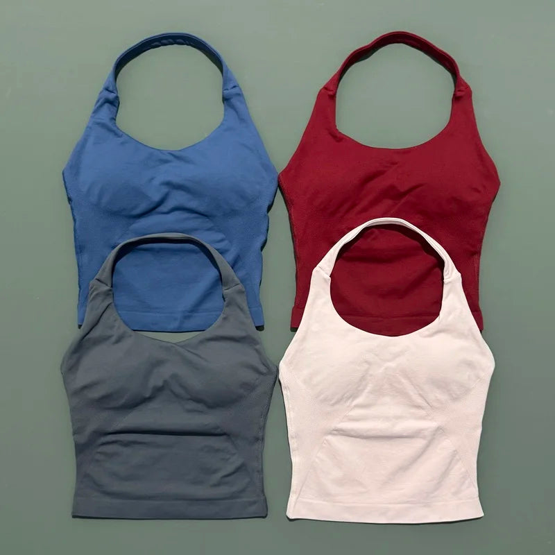 Women's Seamless Halterneck Longline Sports Tank Top – Ruched Gym Activewear