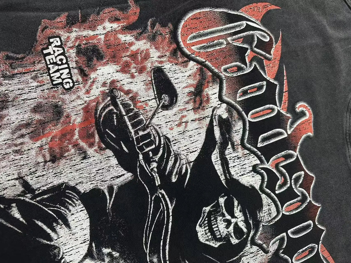 Men’s Skull Motocross T-Shirt – Vintage Washed Cotton Streetwear Tees