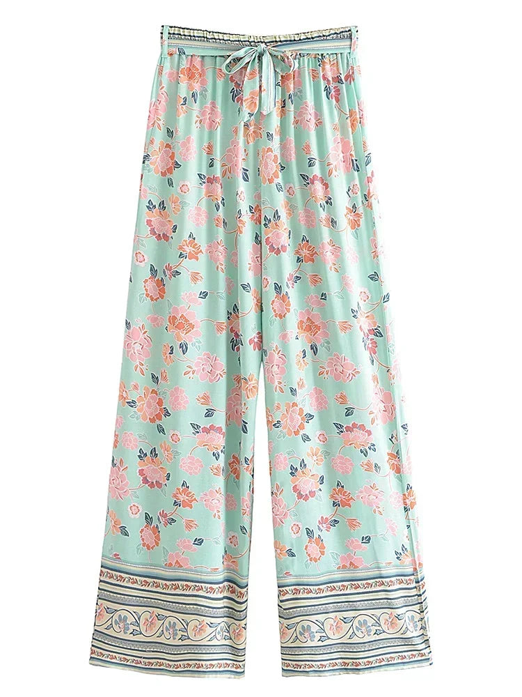Women’s Floral Wide Leg Boho Pants – Vintage Chic High-Waisted Rayon Trousers