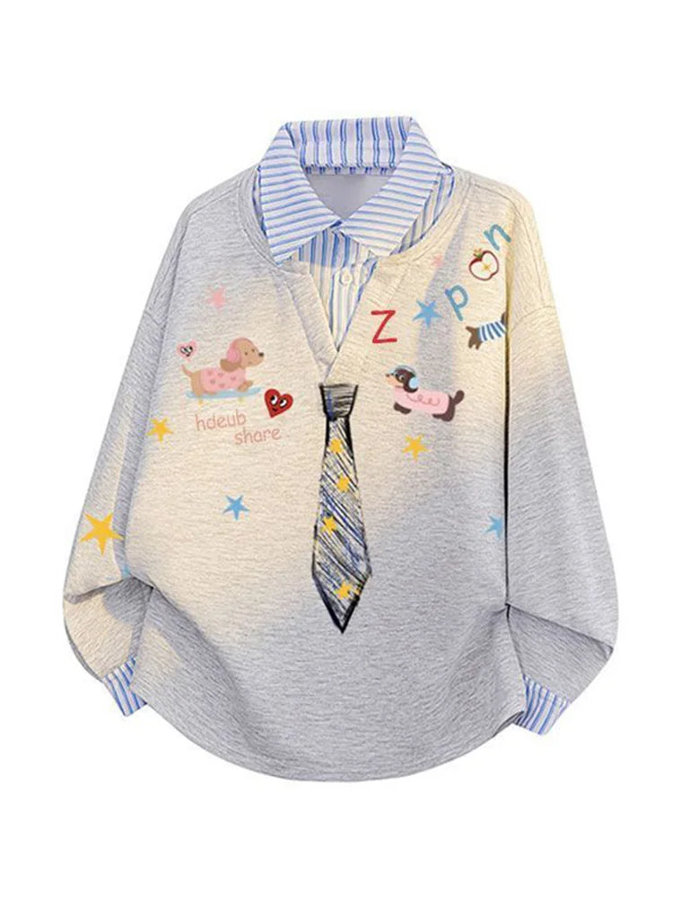 Women’s Kawaii Cartoon Print Sweatshirt – Loose-Fit Vintage Preppy Pullover, Cute Long Sleeve Patchwork Top
