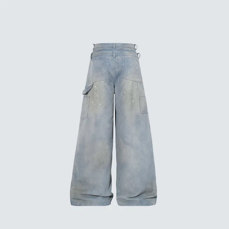 PFNW Men’s Splatter Paint Workwear Jeans – Double-Waist Distressed Washed Loose-Fit Denim | American Streetwear