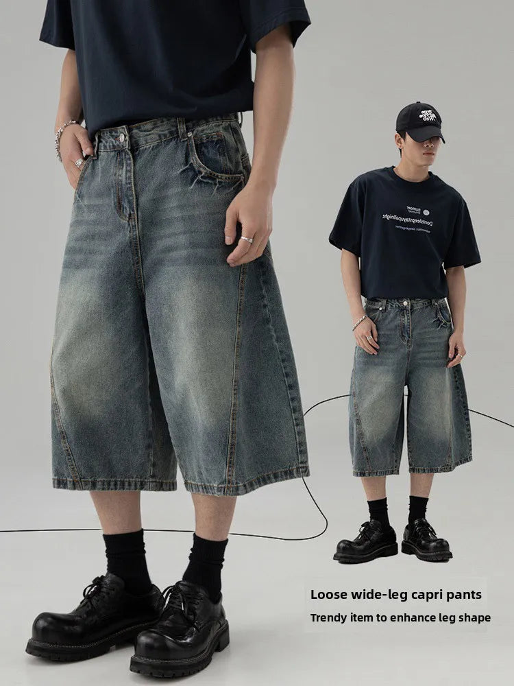 Men’s American Style Lightning Print Denim Shorts – Loose Straight-Leg Summer Jeans, Casual Wide-Leg Streetwear
