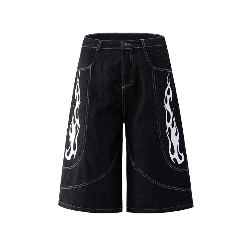 BTNY Men’s Flame Print Jorts – American Retro Wide-Leg Loose-Fit Denim Shorts, Cropped Summer Streetwear