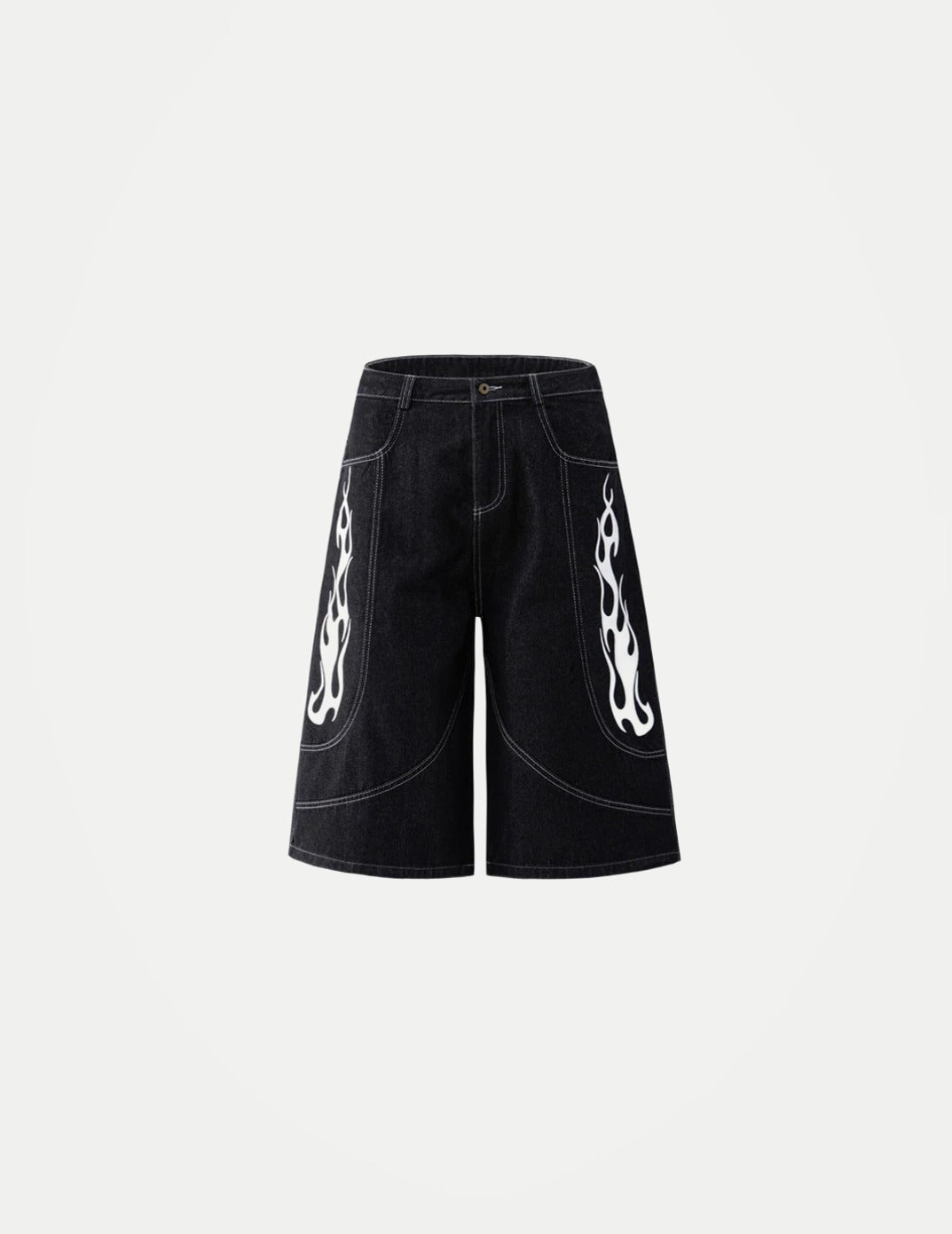 BTNY Men’s Flame Print Jorts – American Retro Wide-Leg Loose-Fit Denim Shorts, Cropped Summer Streetwear